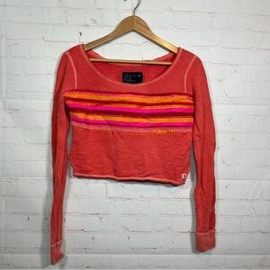 American Eagle Cropped Pullover Sweatshirt Womens XS Orange Striped Scoop Neck
